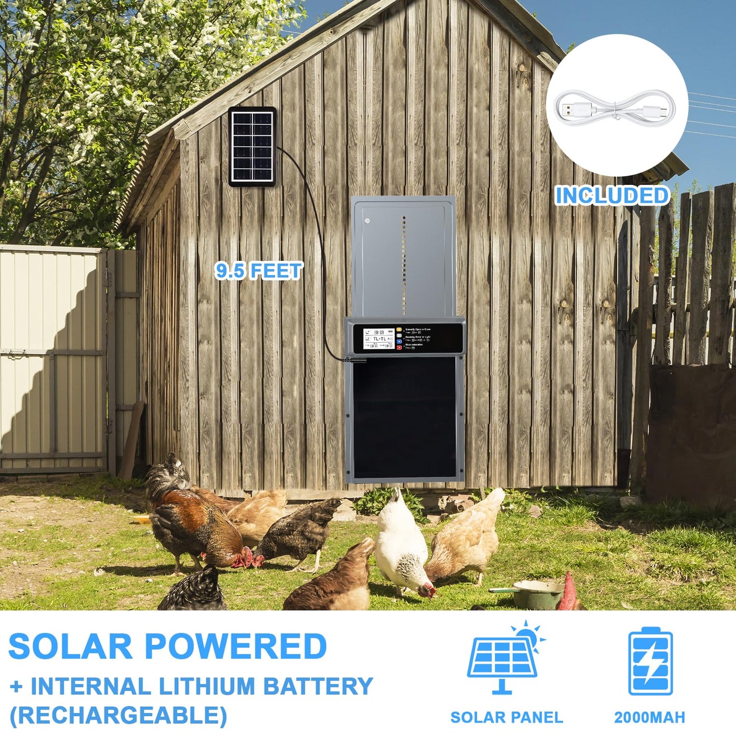 Automatic Chicken Coop Door Solar Powered, LCD Display Automatic Chicken Door with Timer & Light Sensor, Aluminum Alloy Chicken Door with Remote Control & 4 Modes