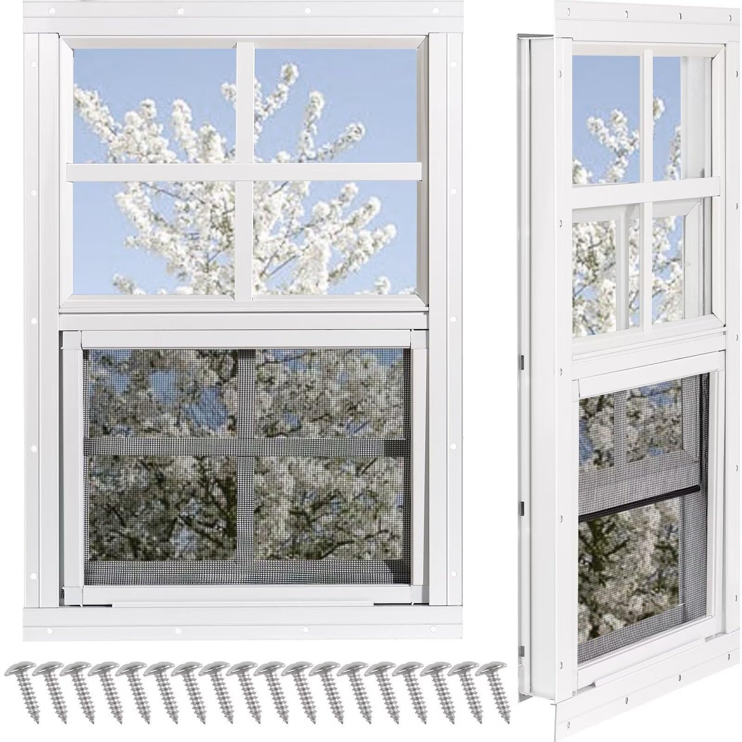 Shed Windows 2 Pack, Chicken Coop Windows 24" x 36" with Tempered Glass and Fiberglass Screen, Flush Mounted Small Window for Shed, Barns, Playhouse, Household, Garage (Black)