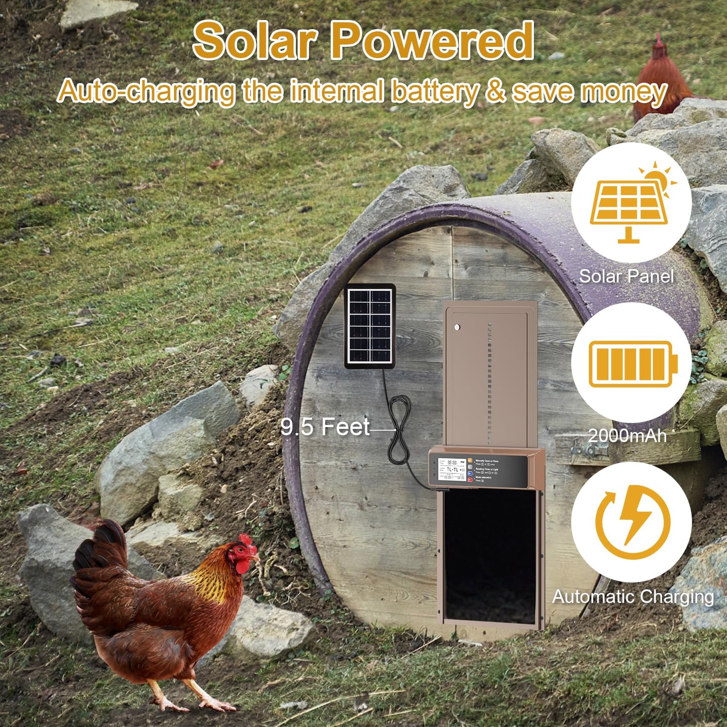 Automatic Chicken Coop Door Solar Powered, LCD Display Automatic Chicken Door with Timer & Light Sensor, Aluminum Alloy Chicken Door with Remote Control & 4 Modes