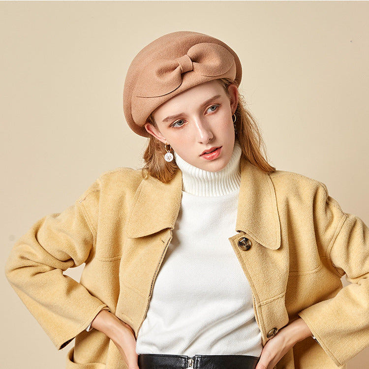 Vintage Autumn And Winter Ladies Bow Woolen Beret