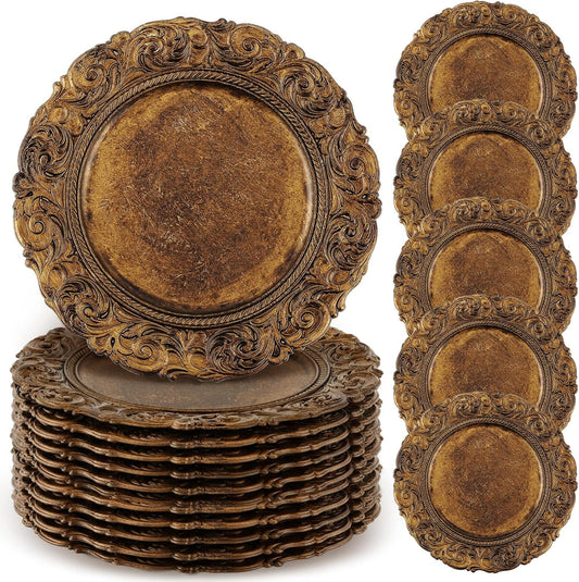 30 Pcs Antique Gold Charger Plates Bulk 13 Inch Embossed Rim Plastic Round Decorative Vintage Plates Charger for Dinner Wedding Party Event Table Setting Decoration