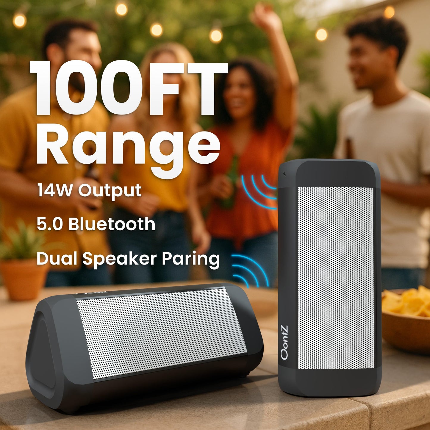 OontZ Ultra Dual Portable Bluetooth Speaker 5.0 2-Pack – IPX7 Waterproof, 14W Enhanced Sound, 20-Hr Battery, 100ft Range, Deep Bass & Clear Audio, Durable for Shower, Pool, or Beach (Black)