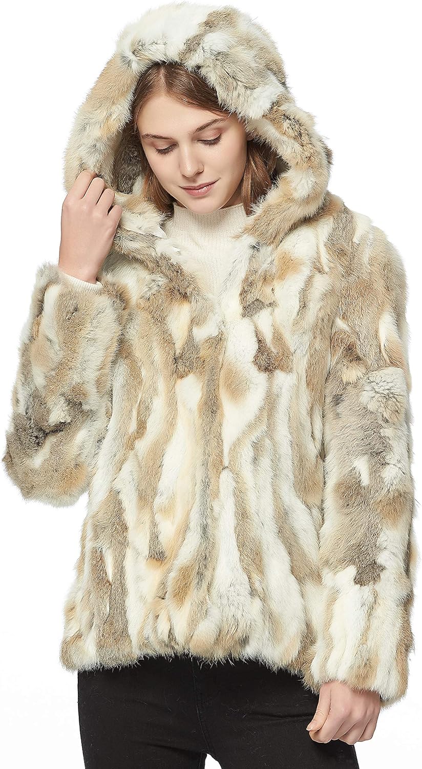 Fur Story Women's Genuine Rabbit Fur Coat Fuzzy Warm Fur Jacket Winter Outware