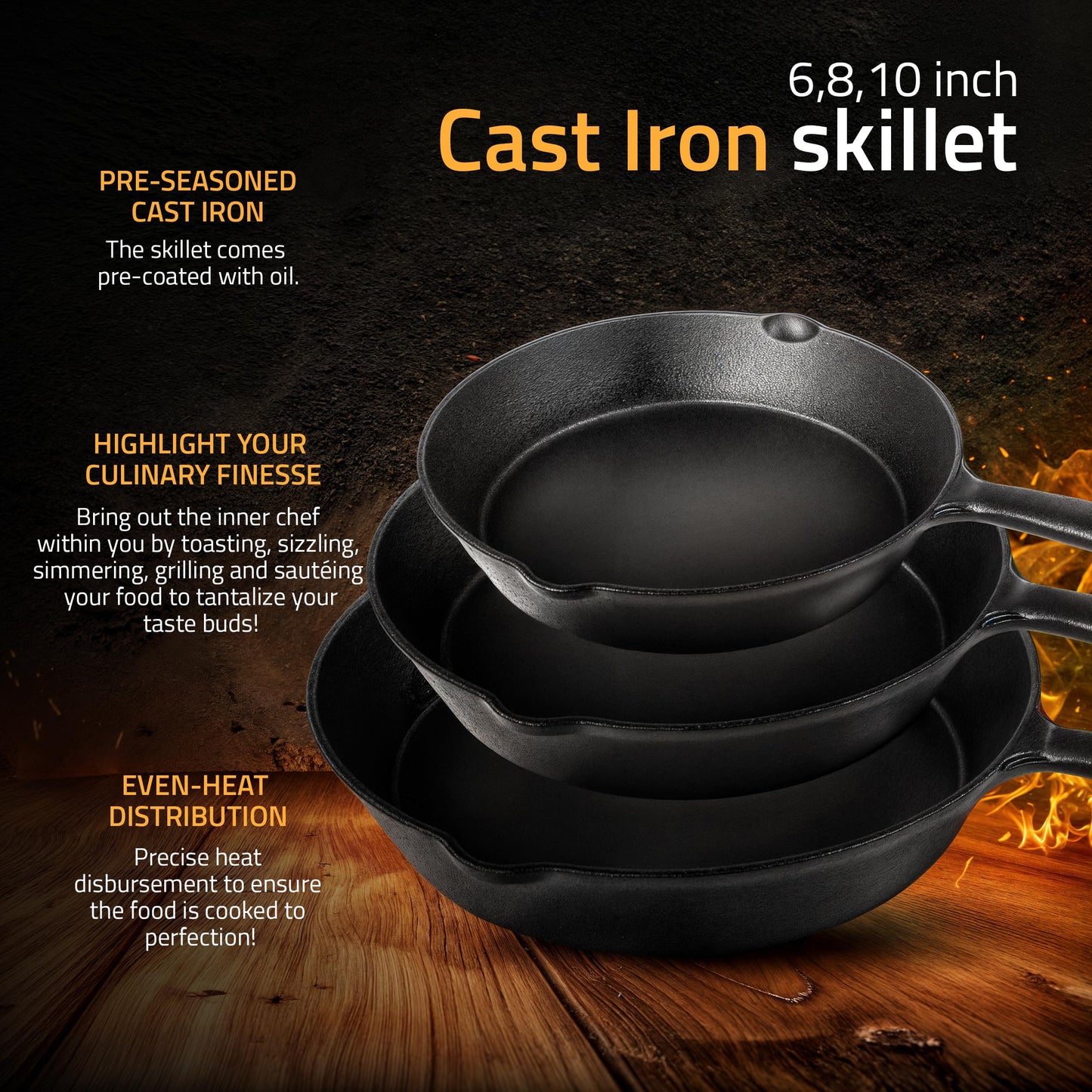 Utopia Kitchen Cast iron Skillets 3 Piece Set, Chefs Pan, Pre Seasoned Cast iron Skillets, 6, 8 & 10 Inches, Easy Use in the Oven, Stove, Grill, or Campfire, Black