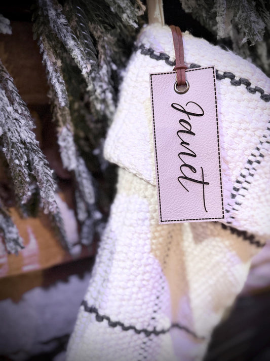 Leather laser engraved personalized stocking name tag, Custom holiday decor for mantle