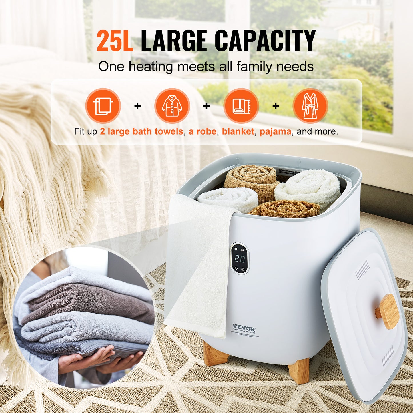 VEVOR Towel Warmer 25L, Towel Warmer Bucket With 2 Heating Modes,  Auto Shut Off, Bottom Heating Columns, LED Screen, Large Towel Warmer For Bathroom, Spa, Bathrobe, Blanket & Pajama