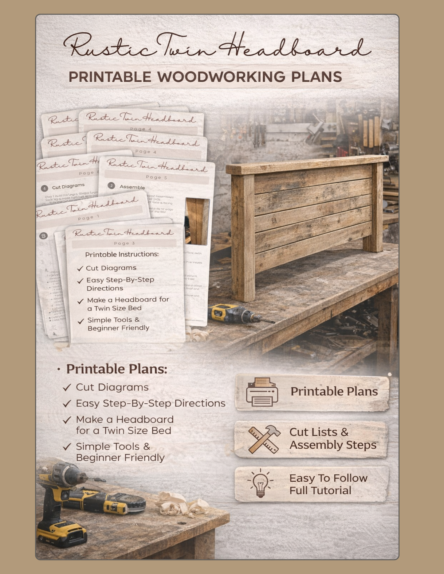 Rustic Headboard Printable Woodworking Plans (Twin / Full/ Queen)
