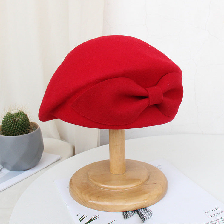 Vintage Autumn And Winter Ladies Bow Woolen Beret