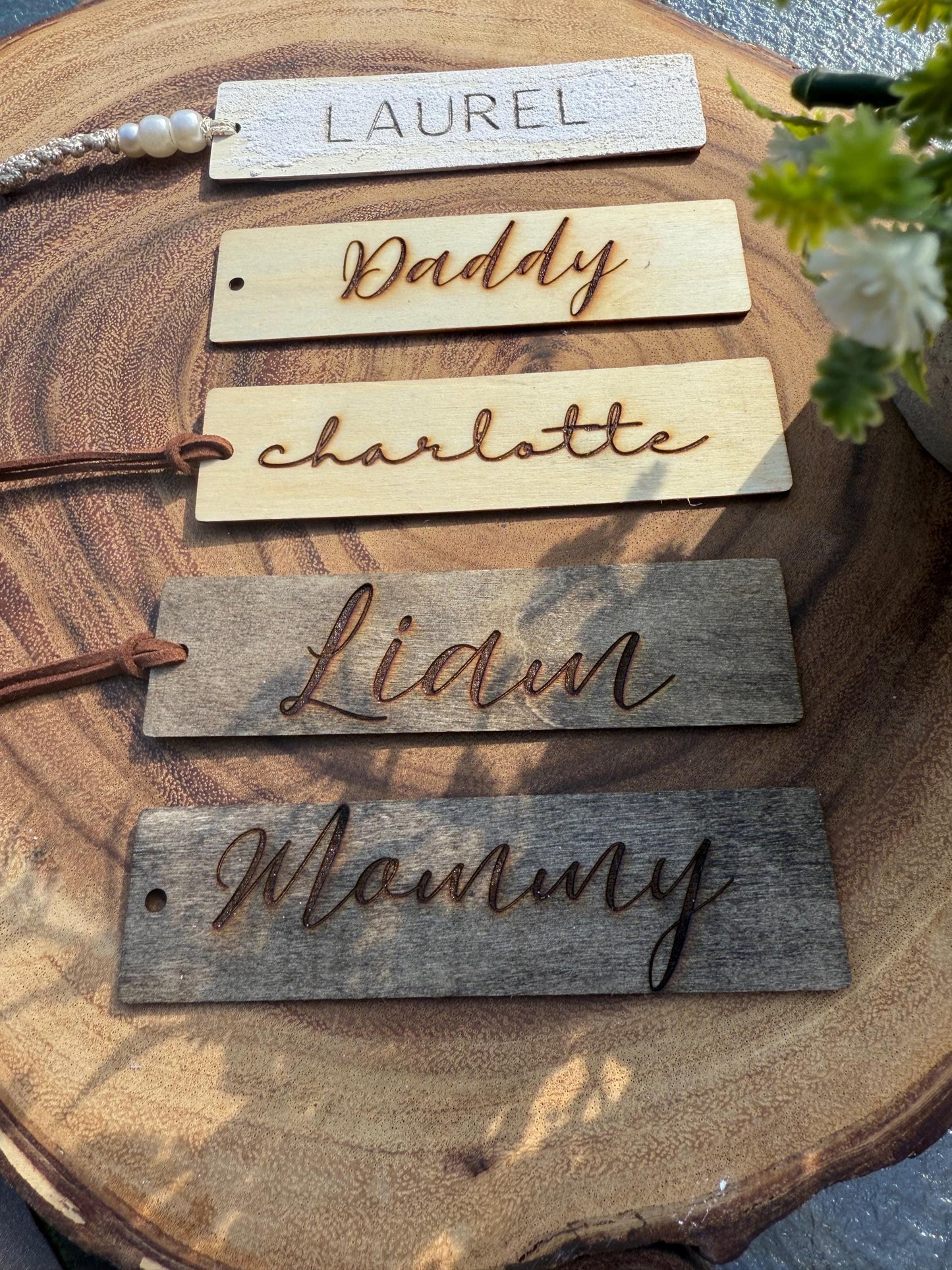 Wood Christmas Stocking Name Tag, Year Round Personalized bookmark, Custom engraved wood label