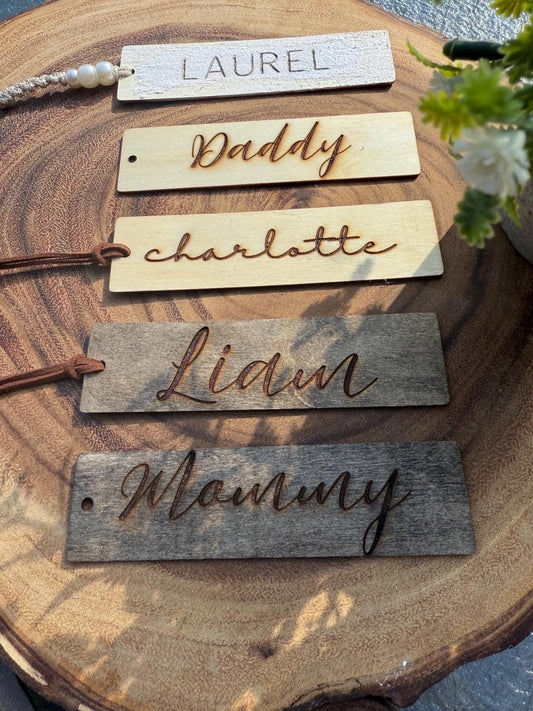 Wood Christmas Stocking Name Tag, Year Round Personalized bookmark, Custom engraved wood label
