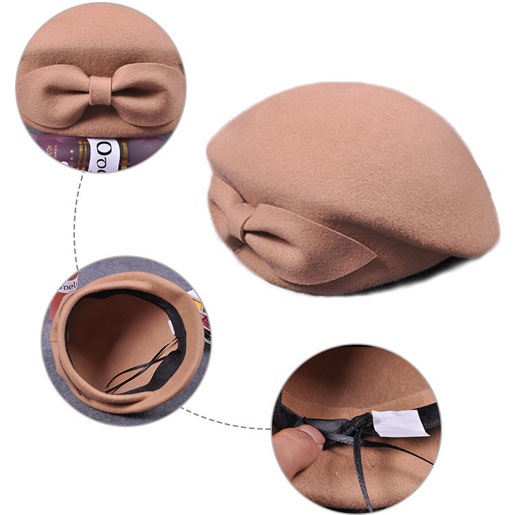 Vintage Autumn And Winter Ladies Bow Woolen Beret