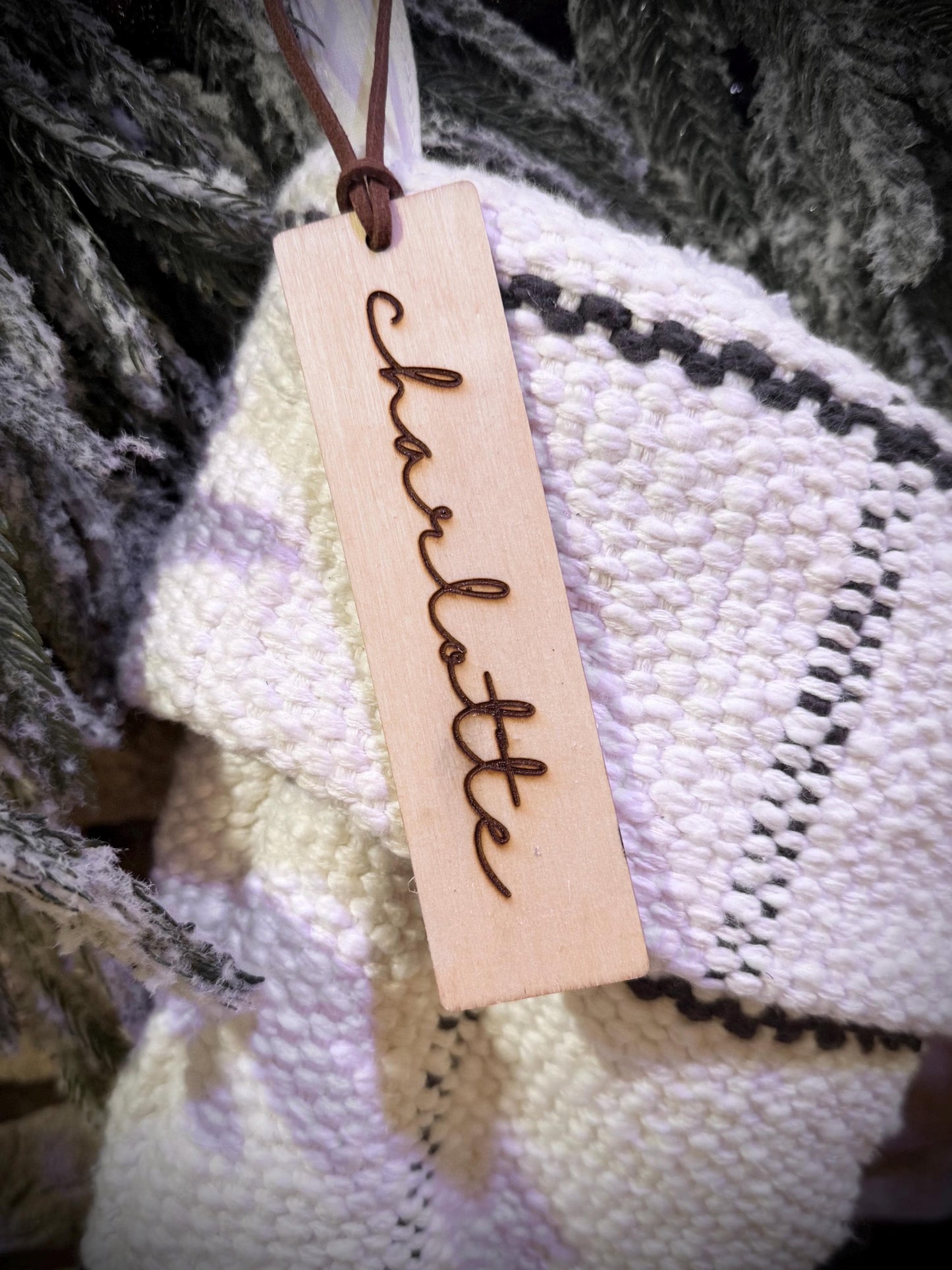 Wood Christmas Stocking Name Tag, Year Round Personalized bookmark, Custom engraved wood label