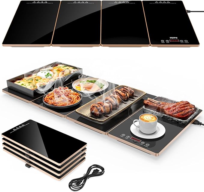FEPPO Electric Warming Tray, 4-in-1 Food Warmers for Parties Buffet with 10 Temp Settings and Timer, 33"x15" Glass Surface Warming Mat for Food, Modular Buffet Hot Plates for Catering and Gatherings